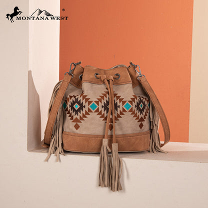 Montana West Aztec Fringe Bucket Bag