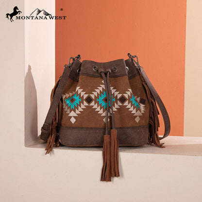 Montana West Aztec Fringe Bucket Bag