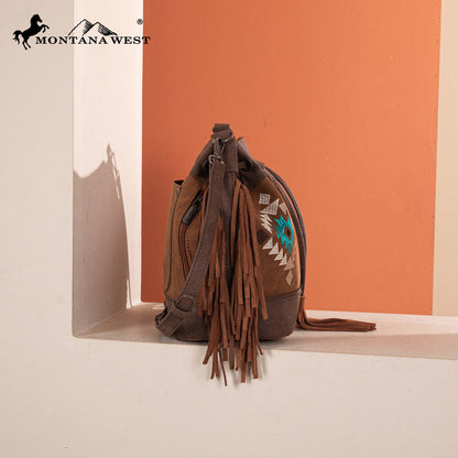 Montana West Aztec Fringe Bucket Bag