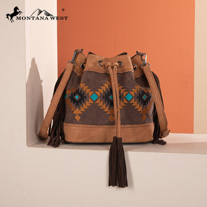 Montana West Aztec Fringe Bucket Bag