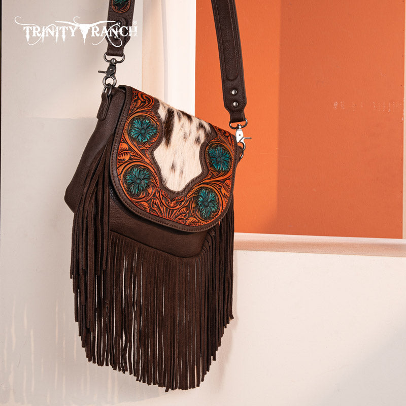 Trinity Ranch Genuine Hair-On Cowhide Tooled Fringe Crossbody Bag