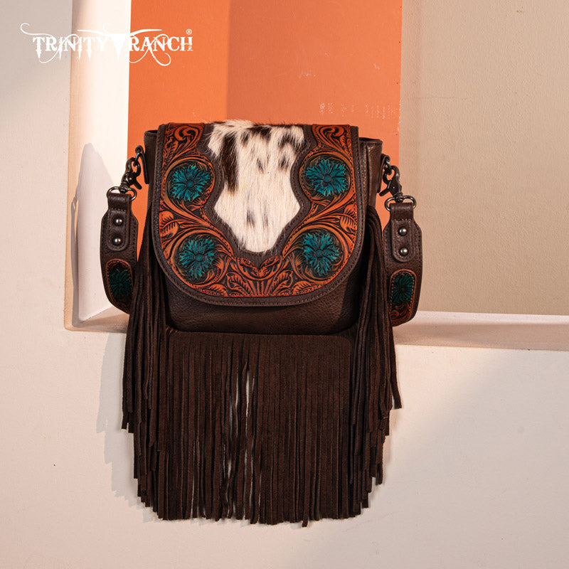 Trinity Ranch Genuine Hair-On Cowhide Tooled Fringe Crossbody Bag