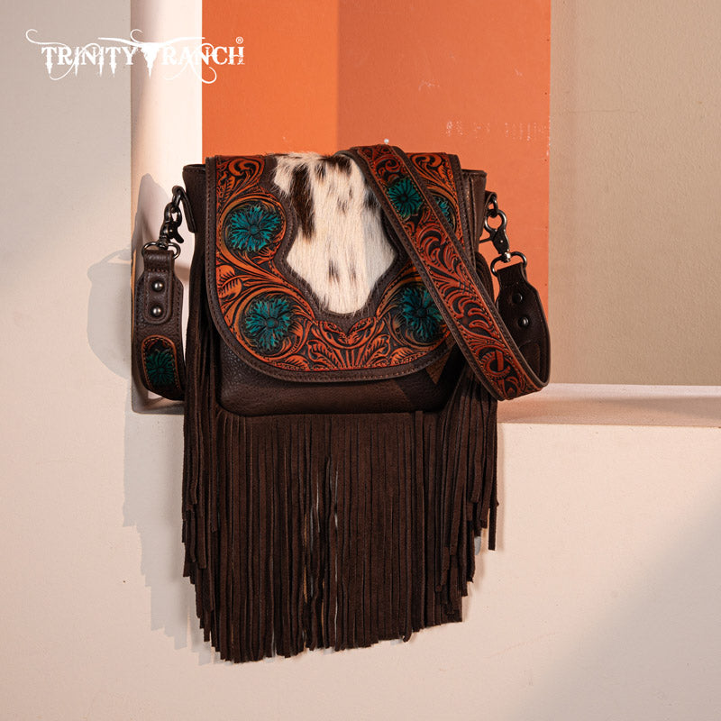 Trinity Ranch Genuine Hair-On Cowhide Tooled Fringe Crossbody Bag