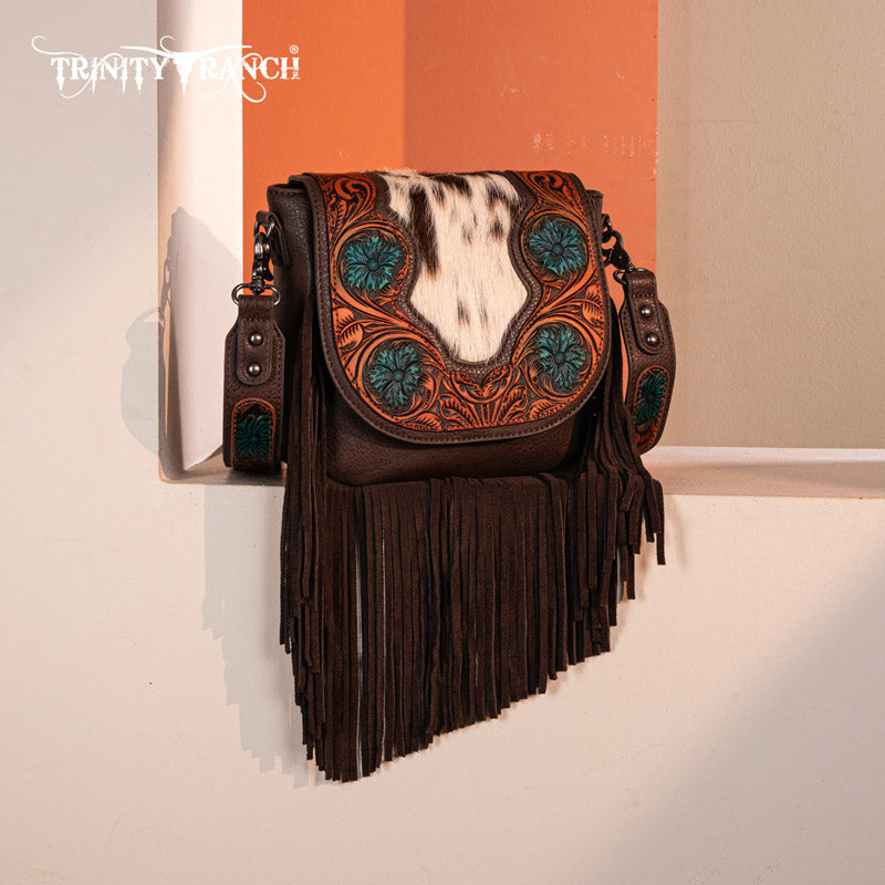 Trinity Ranch Genuine Hair-On Cowhide Tooled Fringe Crossbody Bag