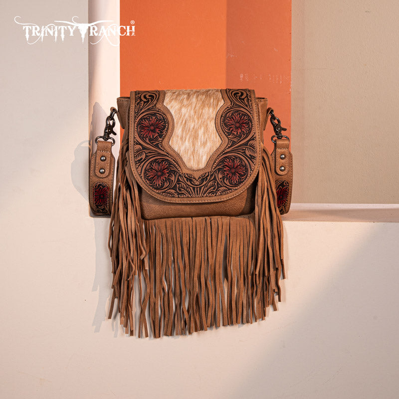 Trinity Ranch Genuine Hair-On Cowhide Tooled Fringe Crossbody Bag