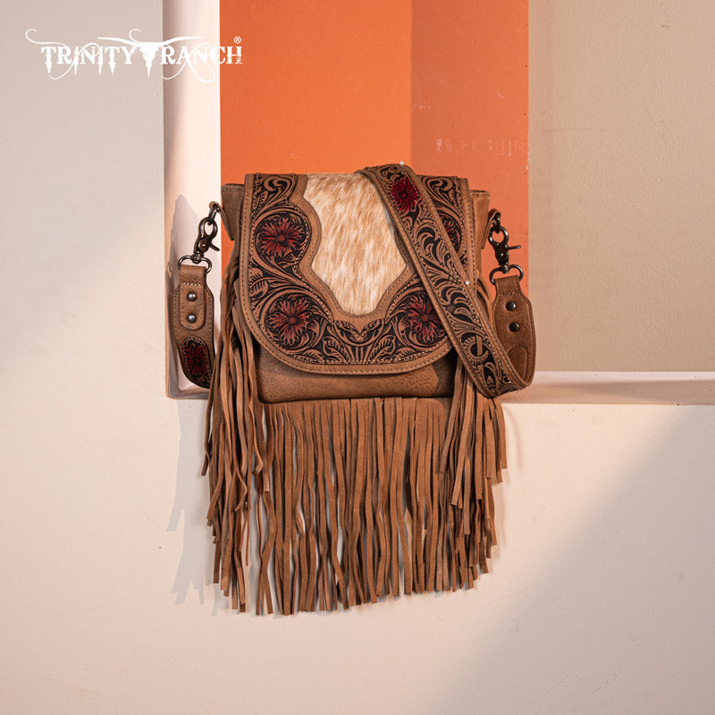 Trinity Ranch Genuine Hair-On Cowhide Tooled Fringe Crossbody Bag