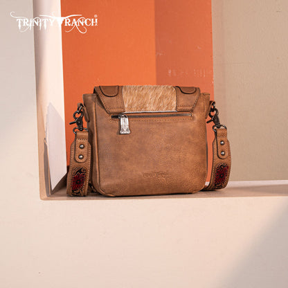 Trinity Ranch Genuine Hair-On Cowhide Tooled Fringe Crossbody Bag