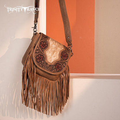 Trinity Ranch Genuine Hair-On Cowhide Tooled Fringe Crossbody Bag