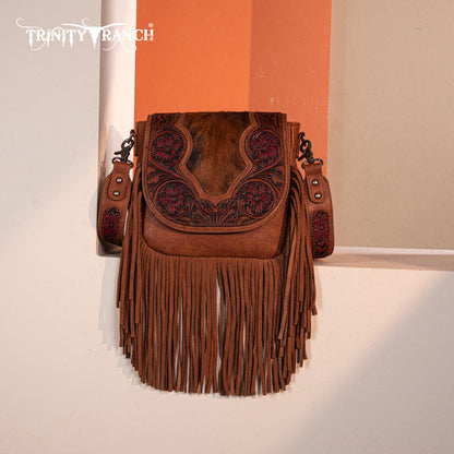 Trinity Ranch Genuine Hair-On Cowhide Tooled Fringe Crossbody Bag