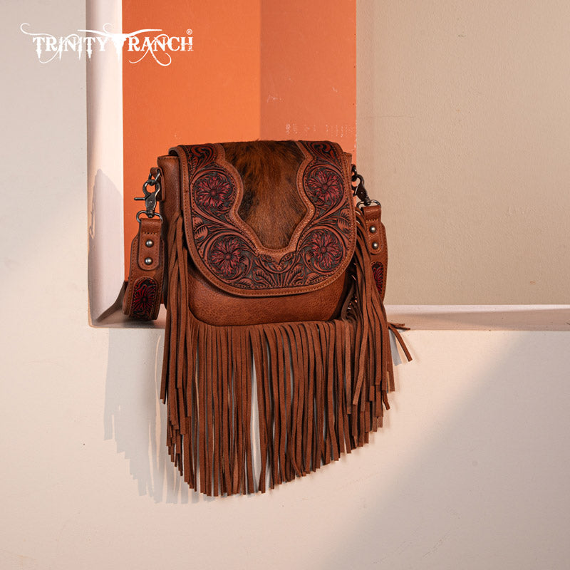 Trinity Ranch Genuine Hair-On Cowhide Tooled Fringe Crossbody Bag