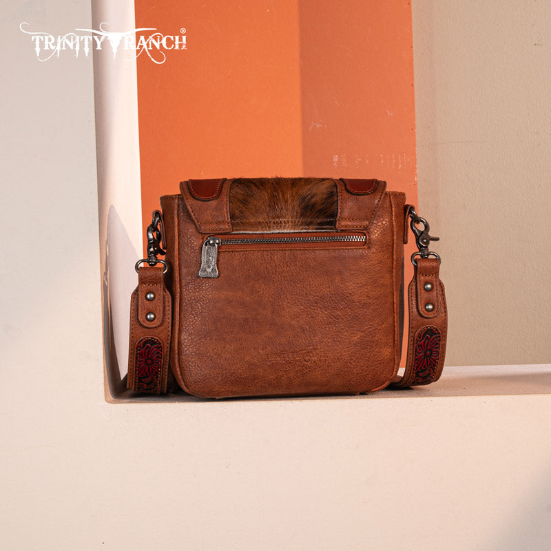 Trinity Ranch Genuine Hair-On Cowhide Tooled Fringe Crossbody Bag