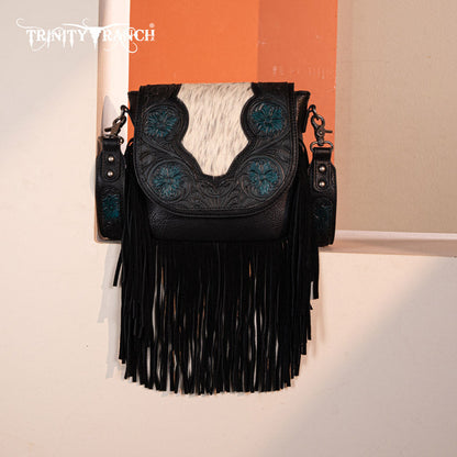 Trinity Ranch Genuine Hair-On Cowhide Tooled Fringe Crossbody Bag