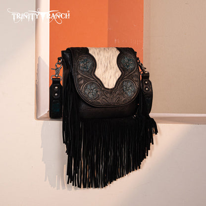 Trinity Ranch Genuine Hair-On Cowhide Tooled Fringe Crossbody Bag