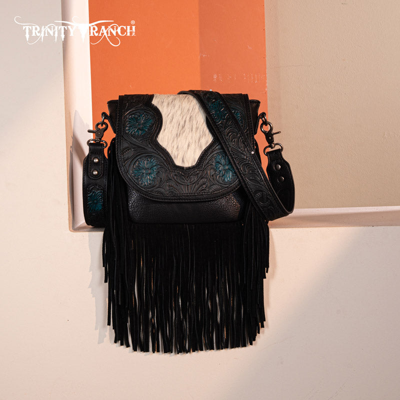 Trinity Ranch Genuine Hair-On Cowhide Tooled Fringe Crossbody Bag