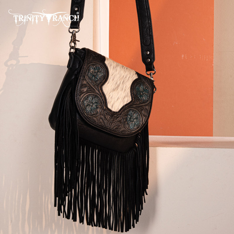 Trinity Ranch Genuine Hair-On Cowhide Tooled Fringe Crossbody Bag