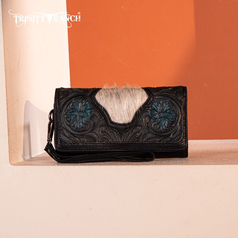 Trinity Ranch Floral Tooled and Hair-On Cowhide Collection Wallet