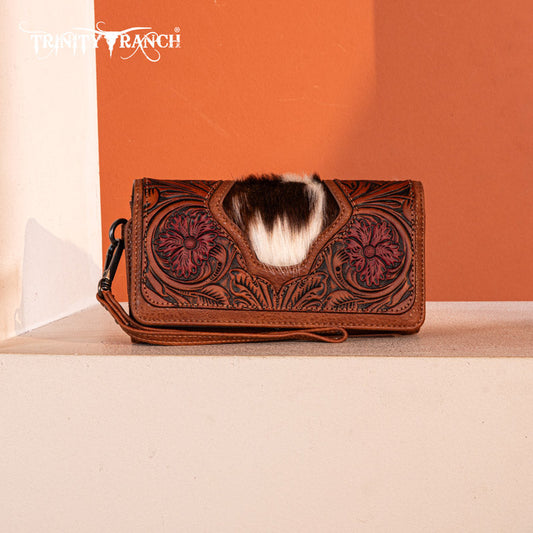 Trinity Ranch Floral Tooled and Hair-On Cowhide Collection Wallet