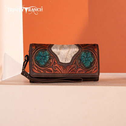 Trinity Ranch Floral Tooled and Hair-On Cowhide Collection Wallet