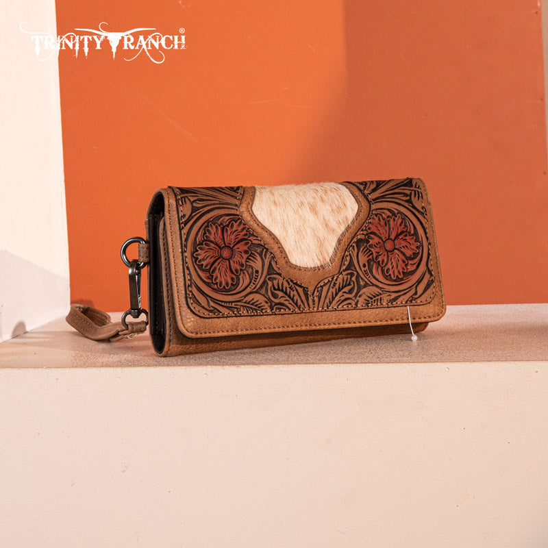 Trinity Ranch Floral Tooled and Hair-On Cowhide Collection Wallet