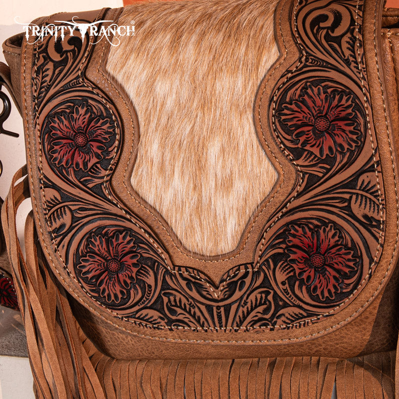 Trinity Ranch Genuine Hair-On Cowhide Tooled Fringe Crossbody Bag