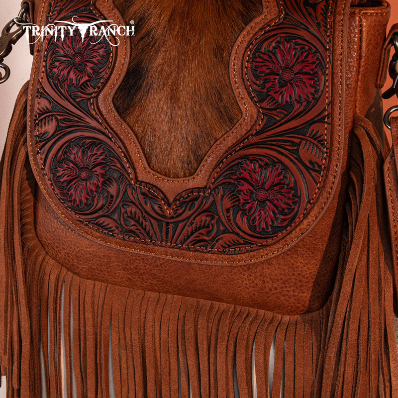 Trinity Ranch Genuine Hair-On Cowhide Tooled Fringe Crossbody Bag