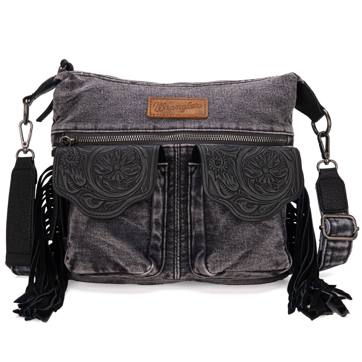 WG103-2009S Wrangler Fringe Floral Tooled  Denim Crossbody - Black