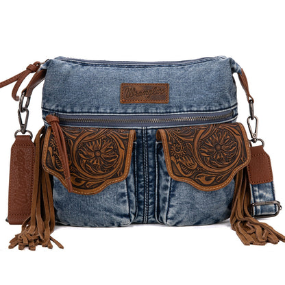 WG103-2009S Wrangler Fringe Floral Tooled  Denim Crossbody - Jean