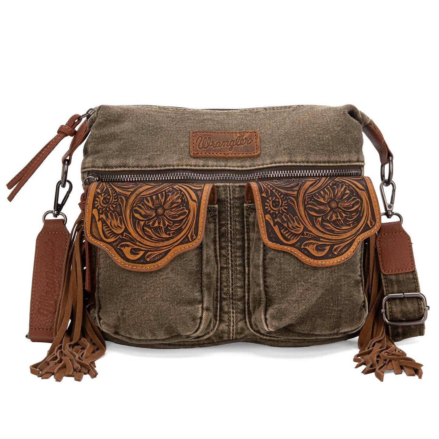 WG103-2009S Wrangler Fringe Floral Tooled  Denim Crossbody - Olive