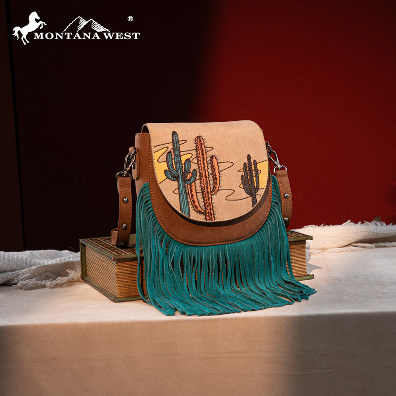 Montana West Cactus Embroidered Fringe Crossbody Bag