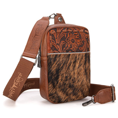 TR179-185 Trinity Ranch Genuine Hair-On Cowhide Tooled Sling Bag