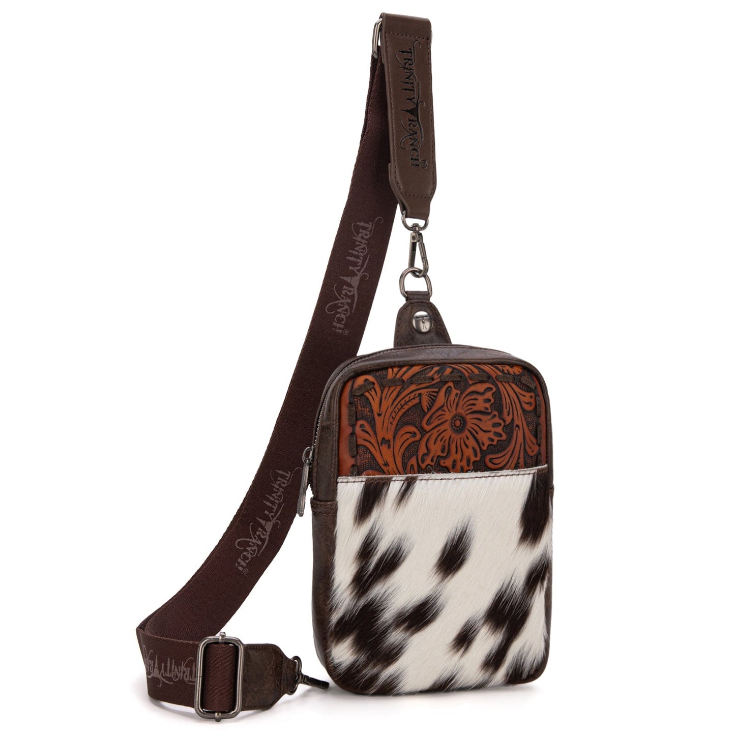 TR179-185 Trinity Ranch Genuine Hair-On Cowhide Tooled Sling Bag