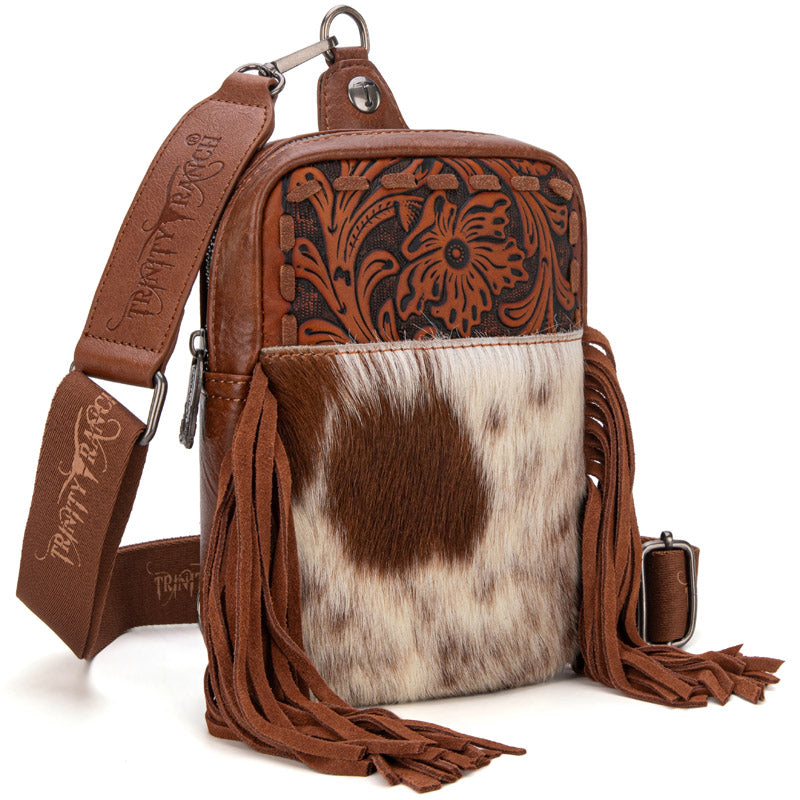 Trinity Ranch Genuine Hair-On Cowhide Tooled Fringe Sling Bag