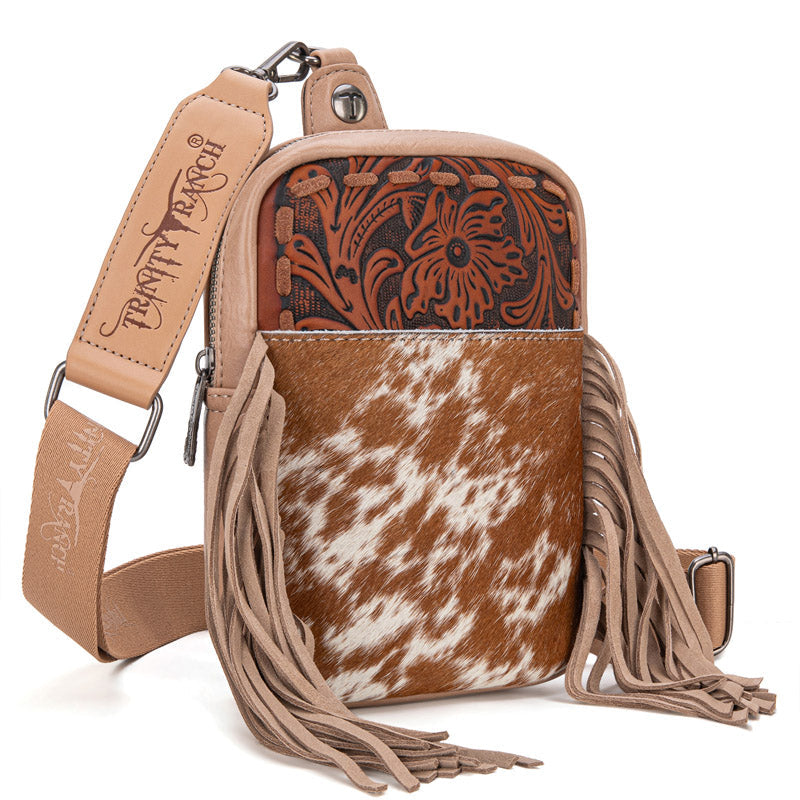 Trinity Ranch Genuine Hair-On Cowhide Tooled Fringe Sling Bag