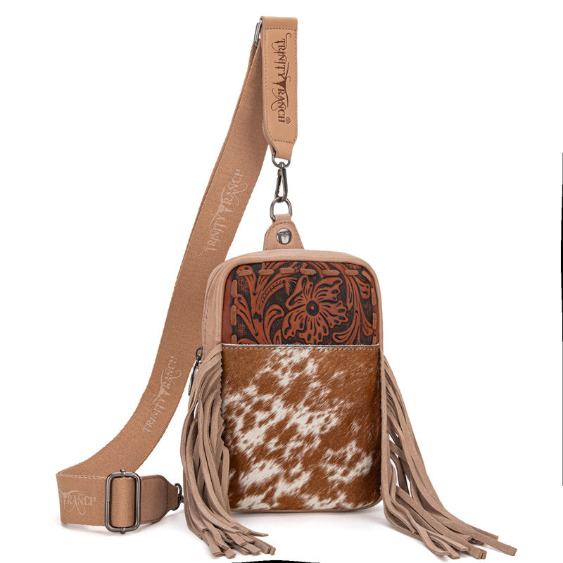 Trinity Ranch Genuine Hair-On Cowhide Tooled Fringe Sling Bag