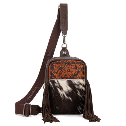 Trinity Ranch Genuine Hair-On Cowhide Tooled Fringe Sling Bag