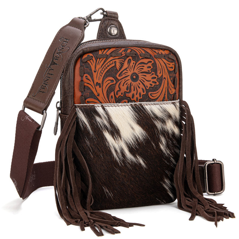 Trinity Ranch Genuine Hair-On Cowhide Tooled Fringe Sling Bag