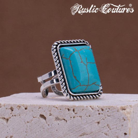 Rustic Couture's® Rectangle Turquoise Stone Open Adjustable Ring