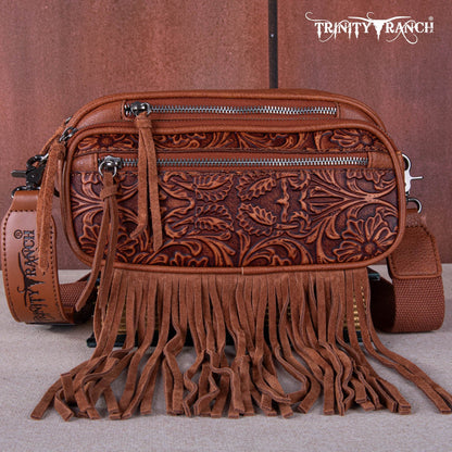 TR165-198  Trinity Ranch Floral Tooled Triple Zippered Pocket Fringe Belt Bag