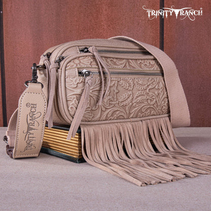 TR165-198  Trinity Ranch Floral Tooled Triple Zippered Pocket Fringe Belt Bag