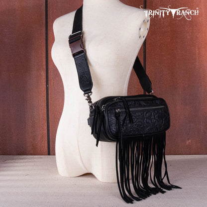 TR165-198  Trinity Ranch Floral Tooled Triple Zippered Pocket Fringe Belt Bag