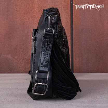 TR159G-9360   Trinity Ranch Hair-On Cowhide/Tooled Fringe Concealed Carry Crossbody Bag