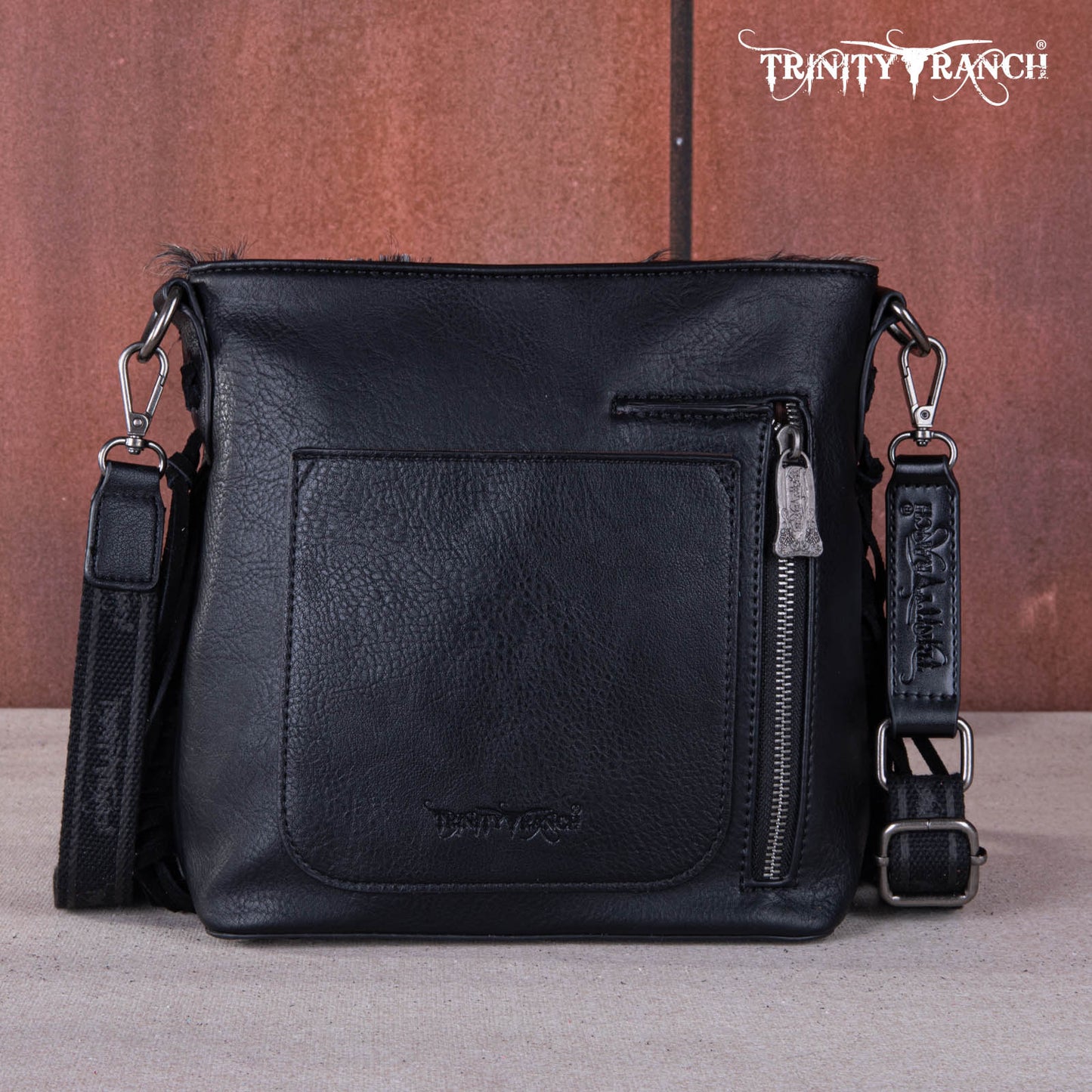 TR159G-9360   Trinity Ranch Hair-On Cowhide/Tooled Fringe Concealed Carry Crossbody Bag