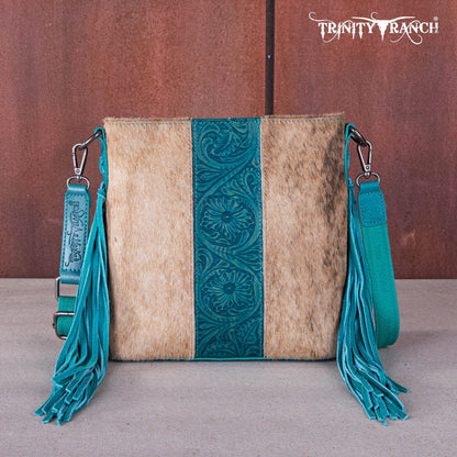 TR159G-9360   Trinity Ranch Hair-On Cowhide/Tooled Fringe Concealed Carry Crossbody Bag