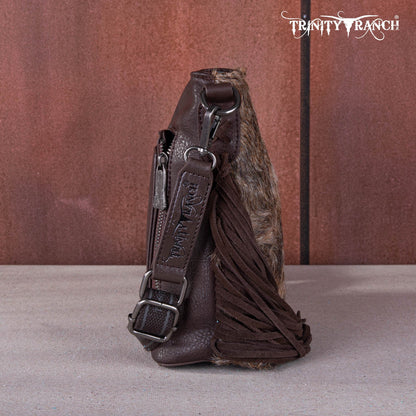 TR159G-9360   Trinity Ranch Hair-On Cowhide/Tooled Fringe Concealed Carry Crossbody Bag