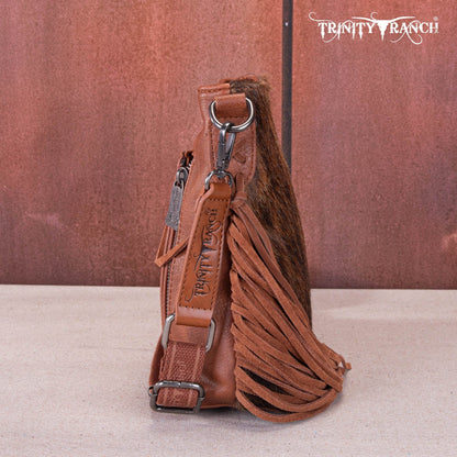 TR159G-9360   Trinity Ranch Hair-On Cowhide/Tooled Fringe Concealed Carry Crossbody Bag