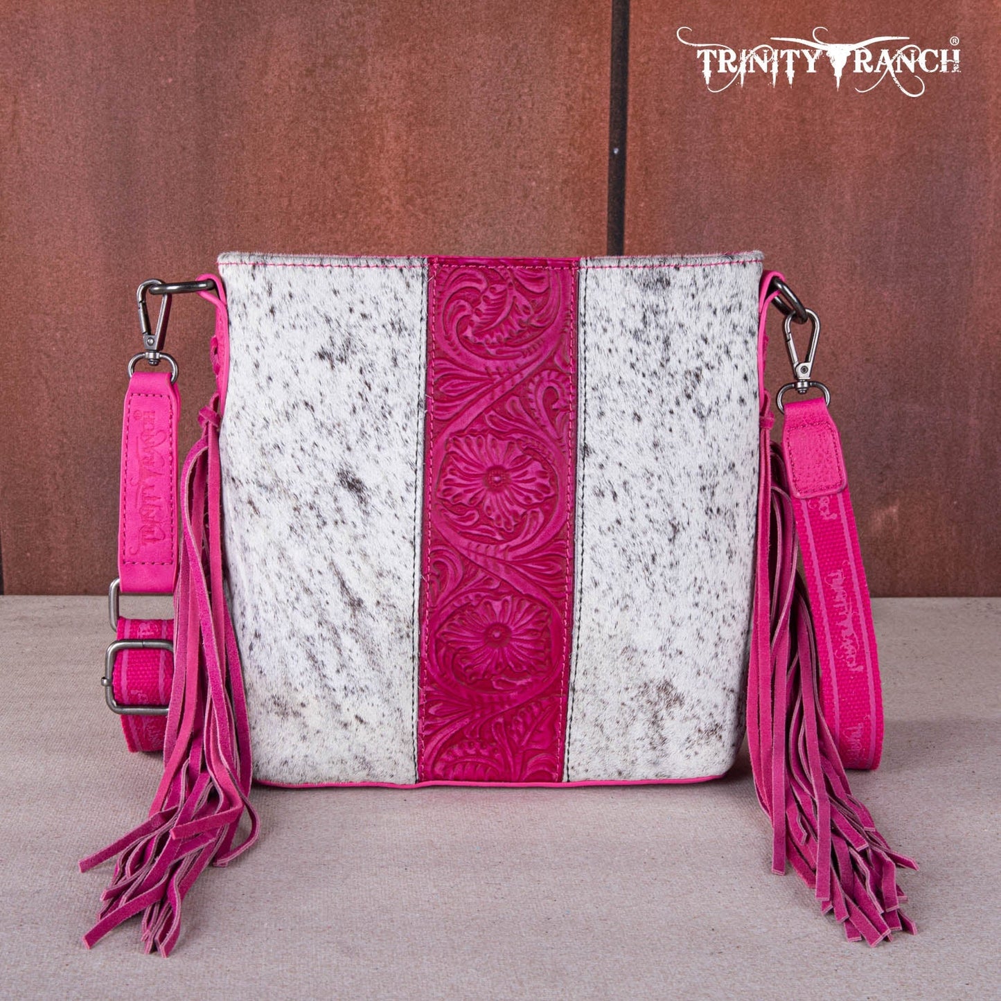 TR159G-9360   Trinity Ranch Hair-On Cowhide/Tooled Fringe Concealed Carry Crossbody Bag