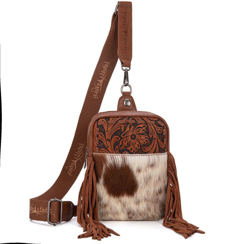 Trinity Ranch Genuine Hair-On Cowhide Tooled Fringe Sling Bag