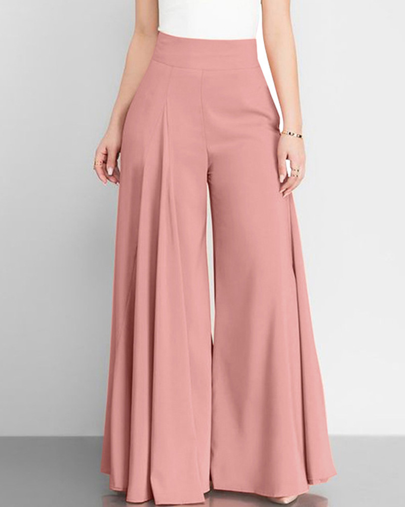 Women Solid Color High-Waisted Wide-Leg Pants