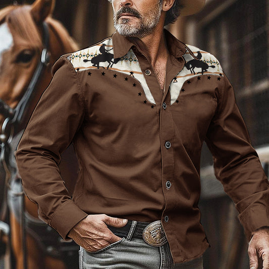 Men's Retro Western Nomad Cowboy Horse Racing Rodeo Print Long Sleeve Shirt