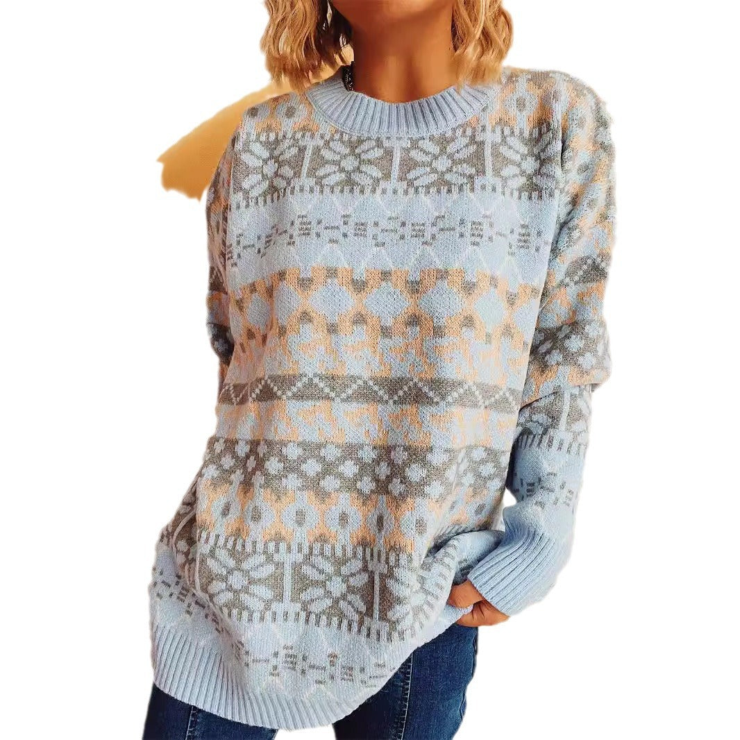 Autumn And Winter Oversized And Long Knitted Pullover Retro Jacquard Long Sweater For Women